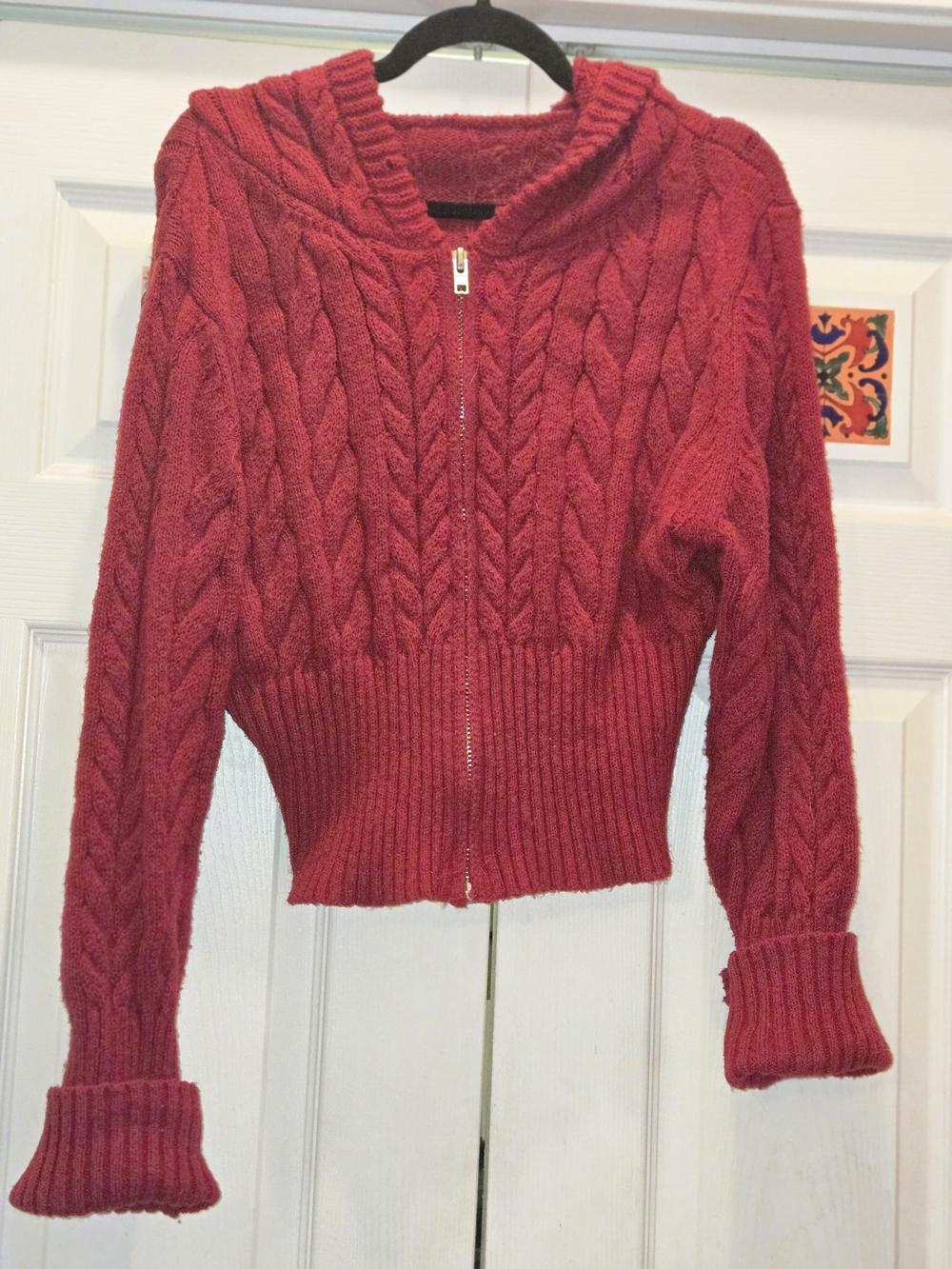 Edikted Red Ryn Zip Up Cable Knit Cardigan Hooded Sweater XL